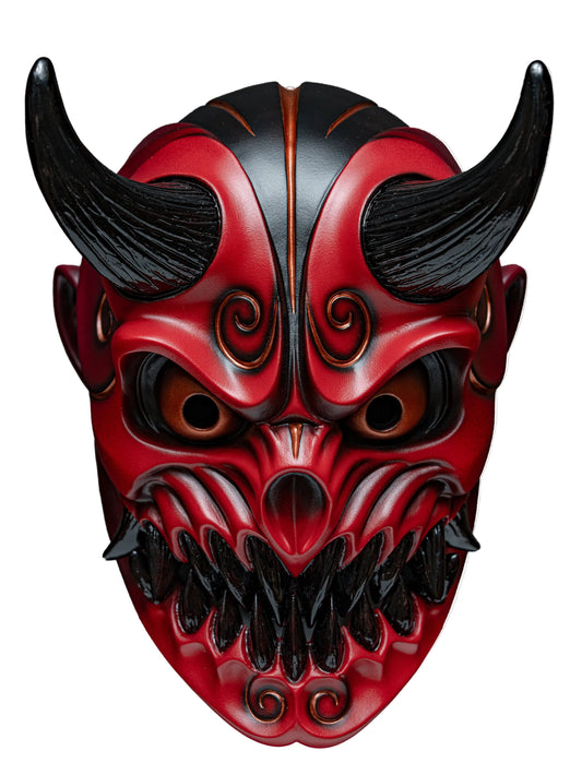 A red and black Japanese-style horned demon mask with sharp teeth and swirling decorative details on the forehead and cheeks, shown against a plain light gray background.