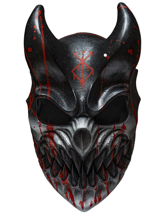 A black and silver demonic mask with red blood-like splatters and a red rune symbol on the forehead, shown against a plain light gray background.