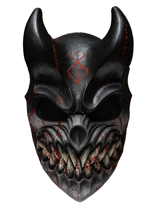 A black horned mask with a menacing skull-like face, sharp teeth, and red rune-like markings on a light gray background.